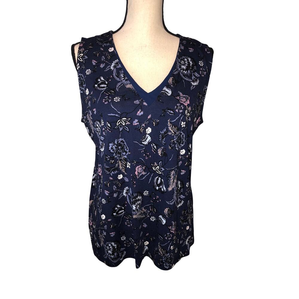 Ann Taylor Top Size L Blue Floral Sleeveless Knit V Neck Trimmed Tank Shell